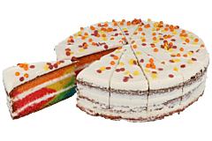 Rainbow cake gesneden 